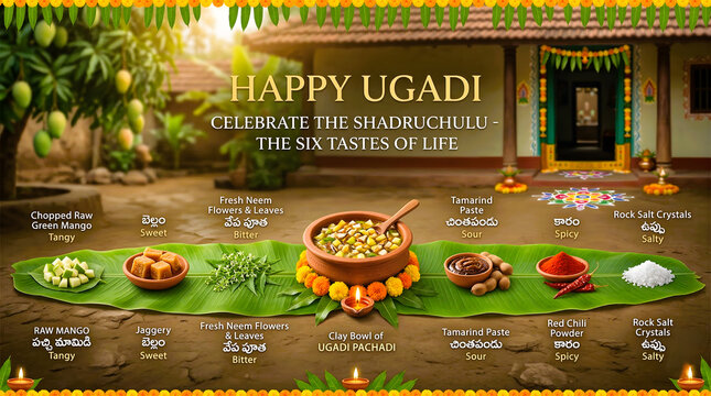 Happy ugadi festival celebration with ugadi pachadi. representing six tastes of life.