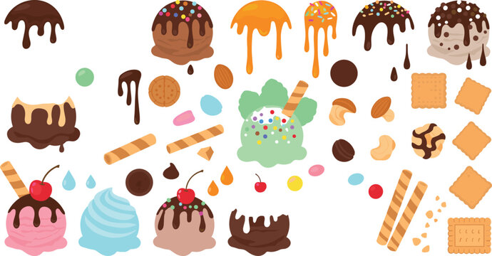 Ice cream toppings and dessert decoration elements set including chocolate drip sprinkles wafer biscuits nuts candy and sweet sundae ingredients collection