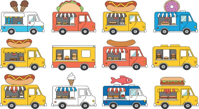 Street food truck vector set with ice cream taco hot dog donut burger and seafood vans for fast food business