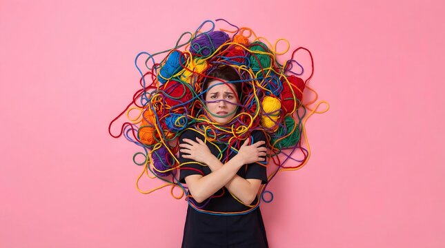 Overwhelmed Woman Tangled in Colorful Yarn