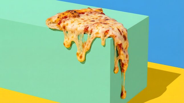 Melting Cheese Pizza Slice on Geometric Blocks