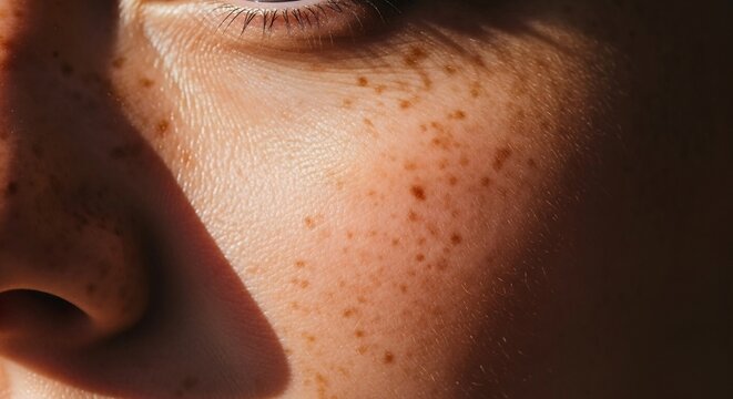 Close up of a young womans face with freckles illuminated by sunlight.