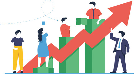 Business growth teamwork concept vector illustration with people building rising chart representing success financial progress and collaboration © MDABU
