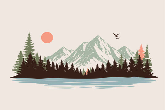 forest landscape with mountains vector silhouette. woodland landscape with mountains and lake vector silhouette. mountain landscape with fir trees and water vector