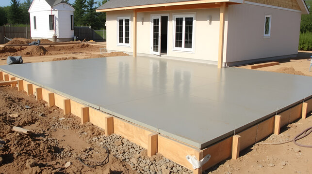 Newly poured concrete slab foundation for a house with wooden formwork in daylight