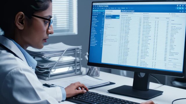 Doctor Reviewing Medical Data On Computer Screen