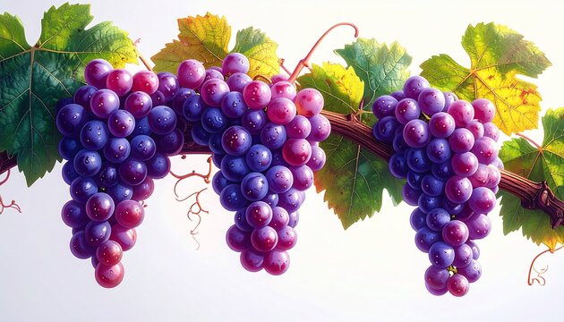 Lush Purple Grapes Hanging from Vine with Vibrant Green Leaves.