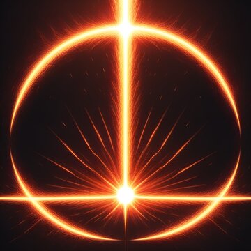Ethereal Glowing Circle with Vertical Light Pillar Symbolizing Connection and Alignment Magical Spell Effect with Sparking Particles and Golden Fiery Radiance on a Deep Black Canvas.