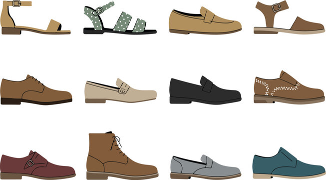 Men&rsquo;s casual and formal shoes vector set with loafers boots sandals and oxfords isolated footwear collection for fashion design