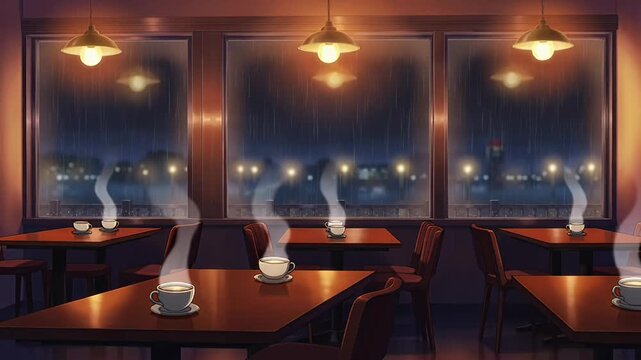 Cozy cafe interior with steaming coffee cups on tables and rainy window view at night 4k