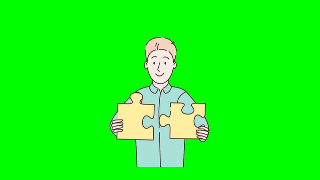 Man can't solve puzzles. An unsolvable problem. Solving a business problem that remains unsolved. Brain activity, brainstorming, thinking, imagination. 2D flat animation. Looped video. Alpha channel