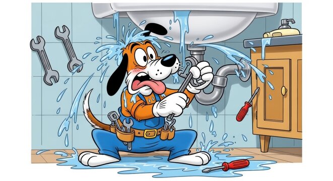 Cartoon dog plumber character fixing a leaky sink pipe with a wrench, water splashing, in a bathroom with tools and cabinet, humorous illustration