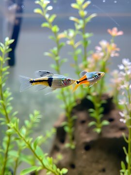 Danio and guppy fish swimming in beautiful planted tank, seraching for food, 4K