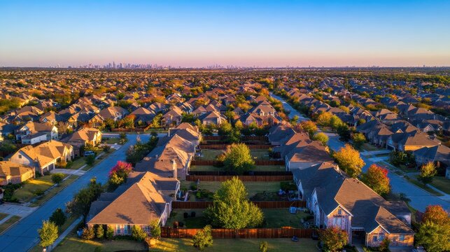 Aerial panorama of a suburban subdivision with long fenced backyards and rows of single-family homes near Dallas, Texas