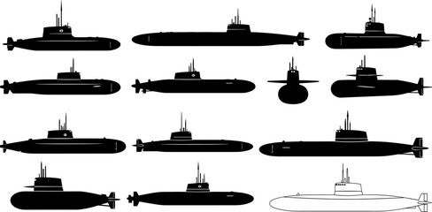 Submarine silhouettes icon set, military naval underwater vessels collection, black and white warship designs, modern defense transport, flat vector illustration © Sarsoti