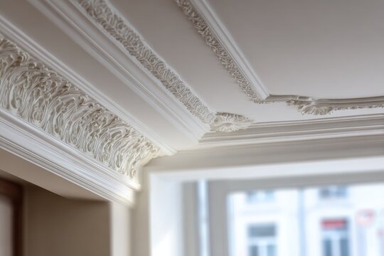 Architectural cornice detail on a clean white ceiling with subtle lighting