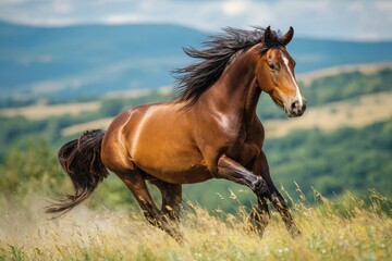Obraz premium Bay horse galloping across a sunlit green meadow