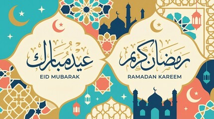 Ramadan Kareem and Eid Mubarak Islamic Celebration Banner. © Irham