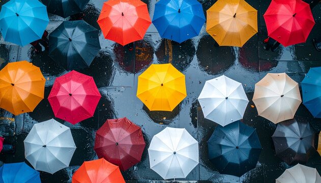 Overhead view of colorful umbrellas on a rainy city street