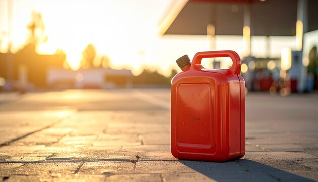 Red Jerry Can at Gas Station During Golden Hour Sunset