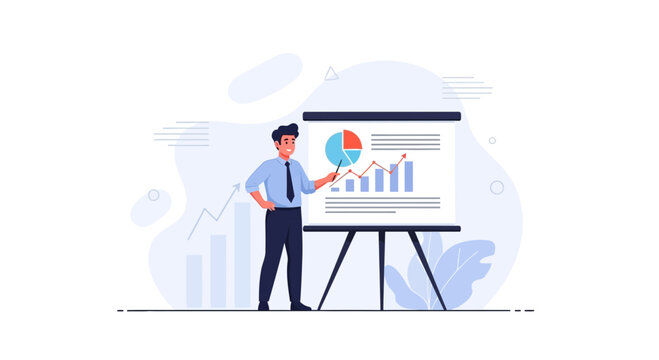 Businessman presenting financial charts on a whiteboard, business analytics concept