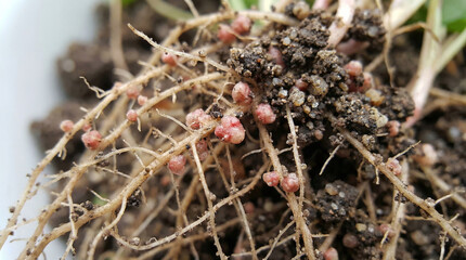 Naklejka premium Examining carbon nodes on plant roots related to climate impact in agriculture practices