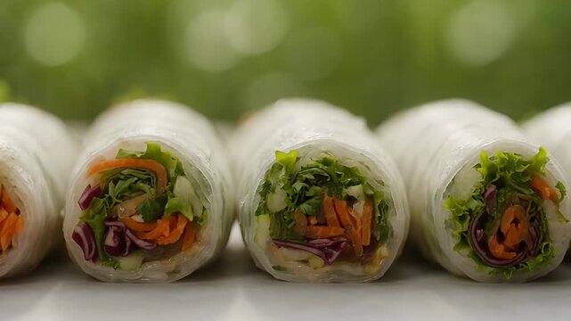Close-up of fresh Vietnamese spring rolls with vegetables and rice paper 4k