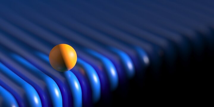Single yellow sphere on ribbed blue surface for minimal product banner and creative background design .3d render