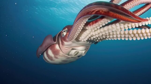 Giant Squid in Depths: A captivating close-up of a giant squid, its massive form and intricate tentacles gliding through the deep blue ocean. Its mesmerizing appearance in its underwater habitat.
