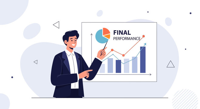 Businessman presenting final performance report with charts and graphs