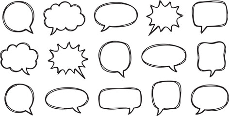 Fototapeta premium Collection of fifteen hand drawn black and white speech bubble outlines in various unique shapes and styles