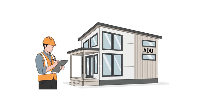 Modern Accessory Dwelling Unit (ADU) Illustration with Building Inspector or Construction Worker Holding a Clipboard