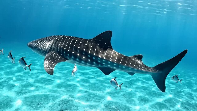 Whale sharks and pilot fish swimming in clear blue ocean water