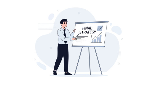 Man presenting final strategy with graph on whiteboard, business concept