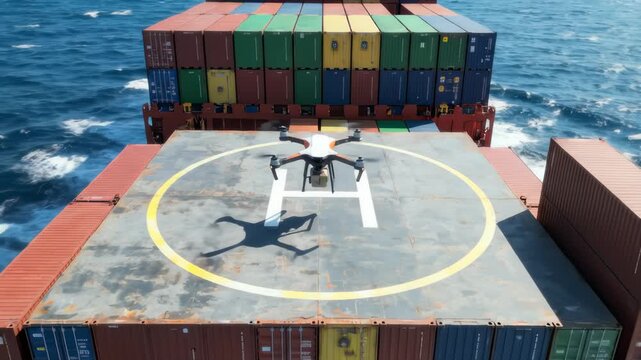 Drone Delivers Package On Container Ship Helideck At Sea