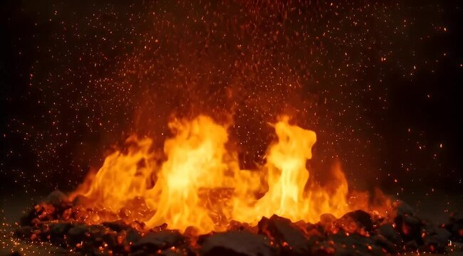 A massive fire burns with intense flames at night outdoors