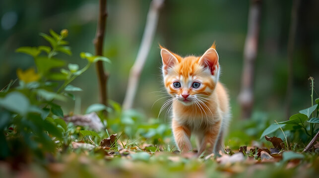 A small orange kitten in a forest