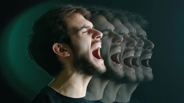 Soldier experiencing flashbacks and emotional distress from post-traumatic stress disorder, visualizing inner turmoil and mental health struggles of veterans