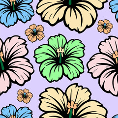 Seamless tropical pattern with colorful hibiscus flowers and black outlines. Elegant floral background for summer fashion and textile design. © Vitalii_ART
