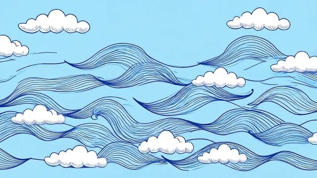 Abstract Blue Waves and Clouds Seamless Pattern Background.