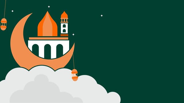 Ramadan Islamic Animation Background with Crescent Moon Mosque Hanging Lanterns and Twinkling Stars