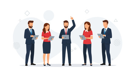 Fototapeta premium Business Team Collaboration: Leader Points Up, Colleagues Use Tablets