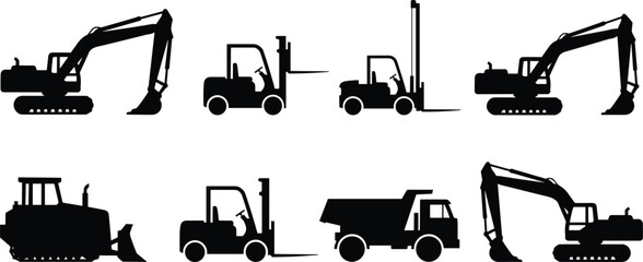 Black silhouette construction vehicle illustrations including excavator, forklift, bulldozer, dump truck, heavy machinery industrial design artwork collection © Mohammad
