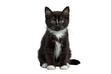 Fototapeta premium Curious small domestic feline kitten with black fur and white markings on chest, paws, and face, sitting calmly