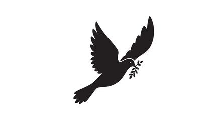 Fototapeta premium Dove carrying a branch of leaves in its beak, symbolizing peace and hope in flight against a white background.