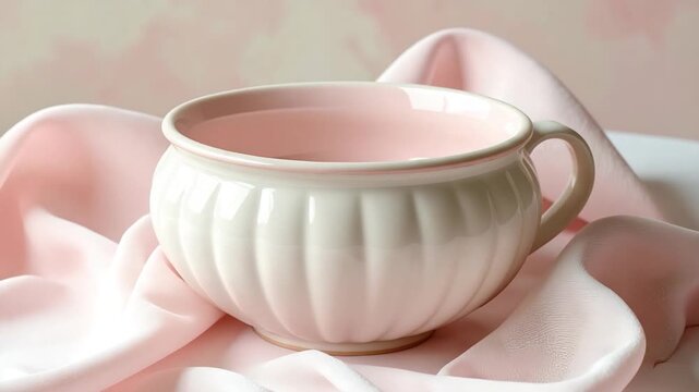 Cream-colored cup with a pink interior, a handle, and fluted exterior, set on pink silk fabric