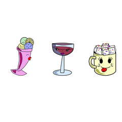 Cute Kawaii Character Set with Ice Cream, Cocktail Glass, and Hot Chocolate Mug