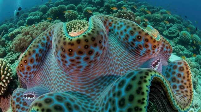 Underwater World: The intricate beauty of a giant clam with its vividly patterned shell, nestled amongst a vibrant coral reef, evokes the serenity and rich biodiversity of the ocean.
