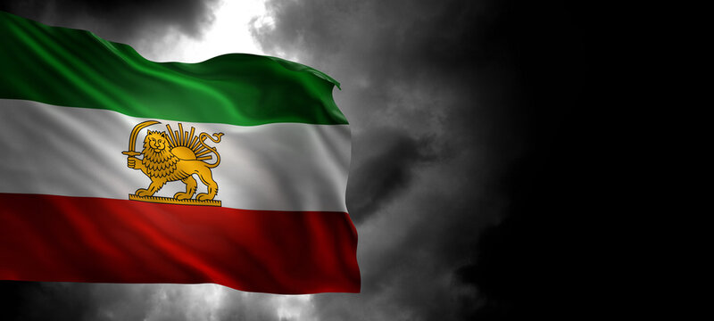Waving Former National Flag of Iran with Lion and Sun Emblem in dark clouds, Pahlavi Era