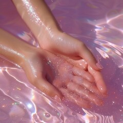 Fototapeta premium Two hands with a pink water with glistening glitter fingernail barefoot manicure.